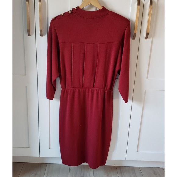 St John Marie Gray Dress Womens 12 Red Knit Mock Neck Shoulder Pads Made in USA - Picture 2 of 11